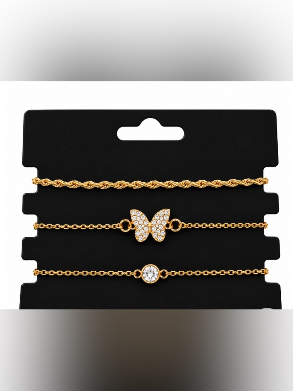 Gold Butterfly & Crystal Charm Layered Bracelet Trio